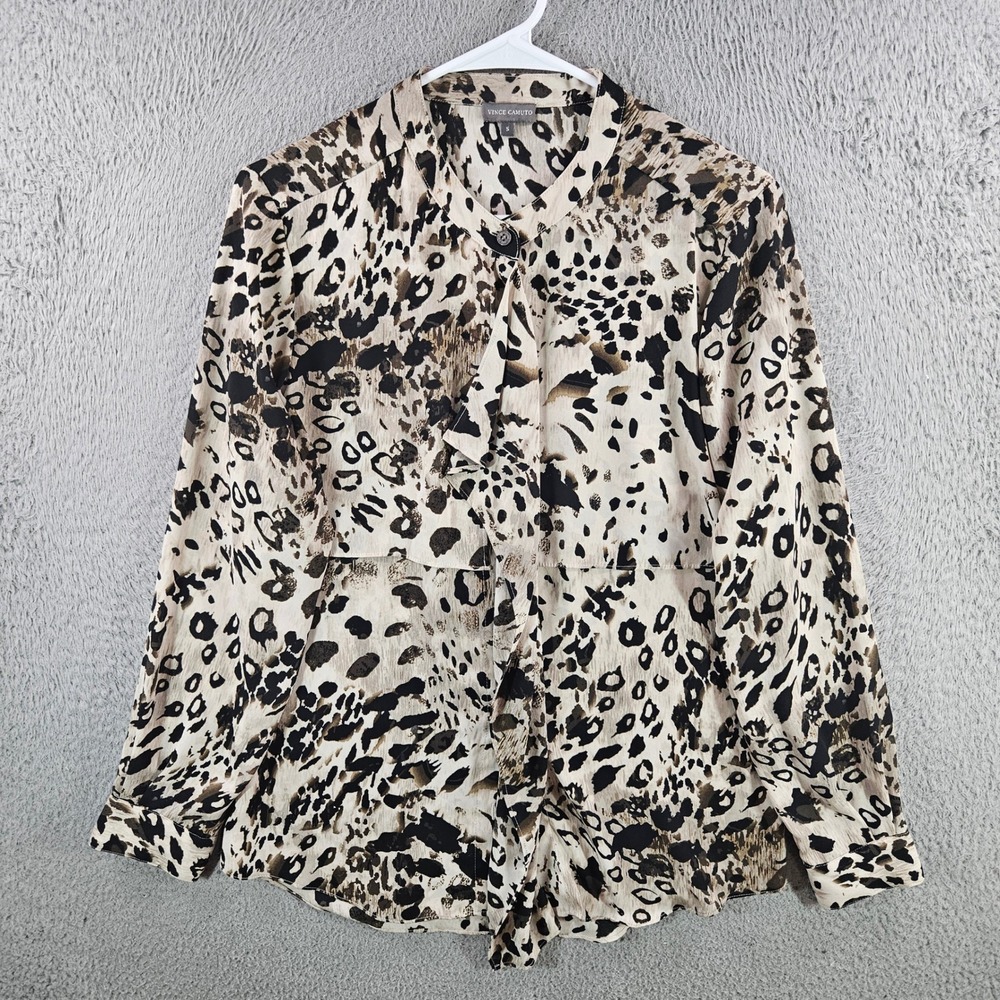 Vince Camuto Women Leopard Animal Print Ruffle Front Blouse Tan Brown Small